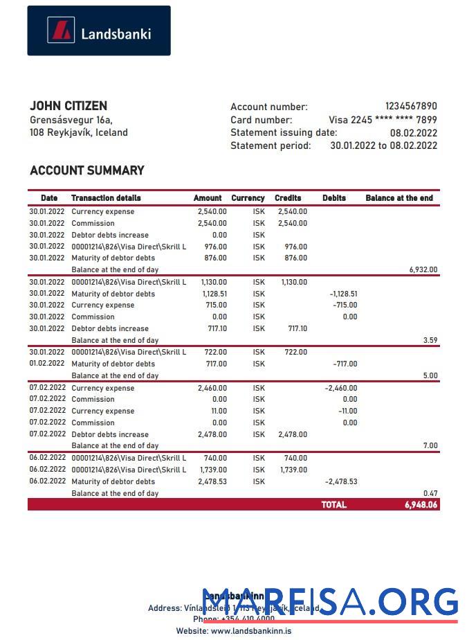Downloadable Iceland Landsbankinn bank statement excel example